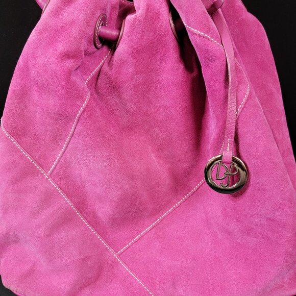 👜 Donald J Pliner Pink Faux Suede Drawstring Shoulder Bag - Picture 5 of 15
